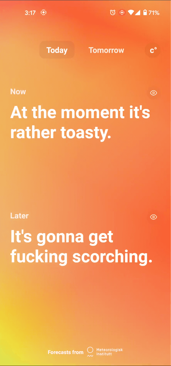 A screenshot of The Fucking Weather's interface
