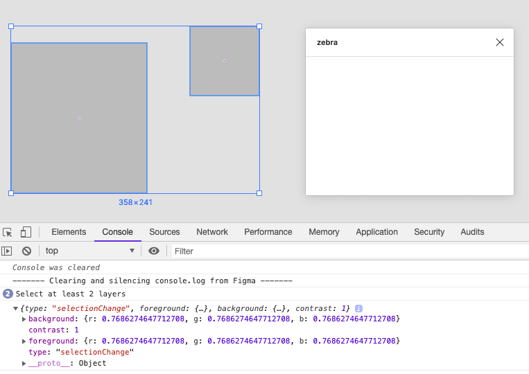 A screenshot of the Figma interface with the console logging a message object