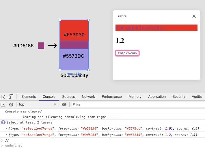 A screenshot of the Figma interface demonstrating that the plugin receives the correct value for the layers that contain opacity.