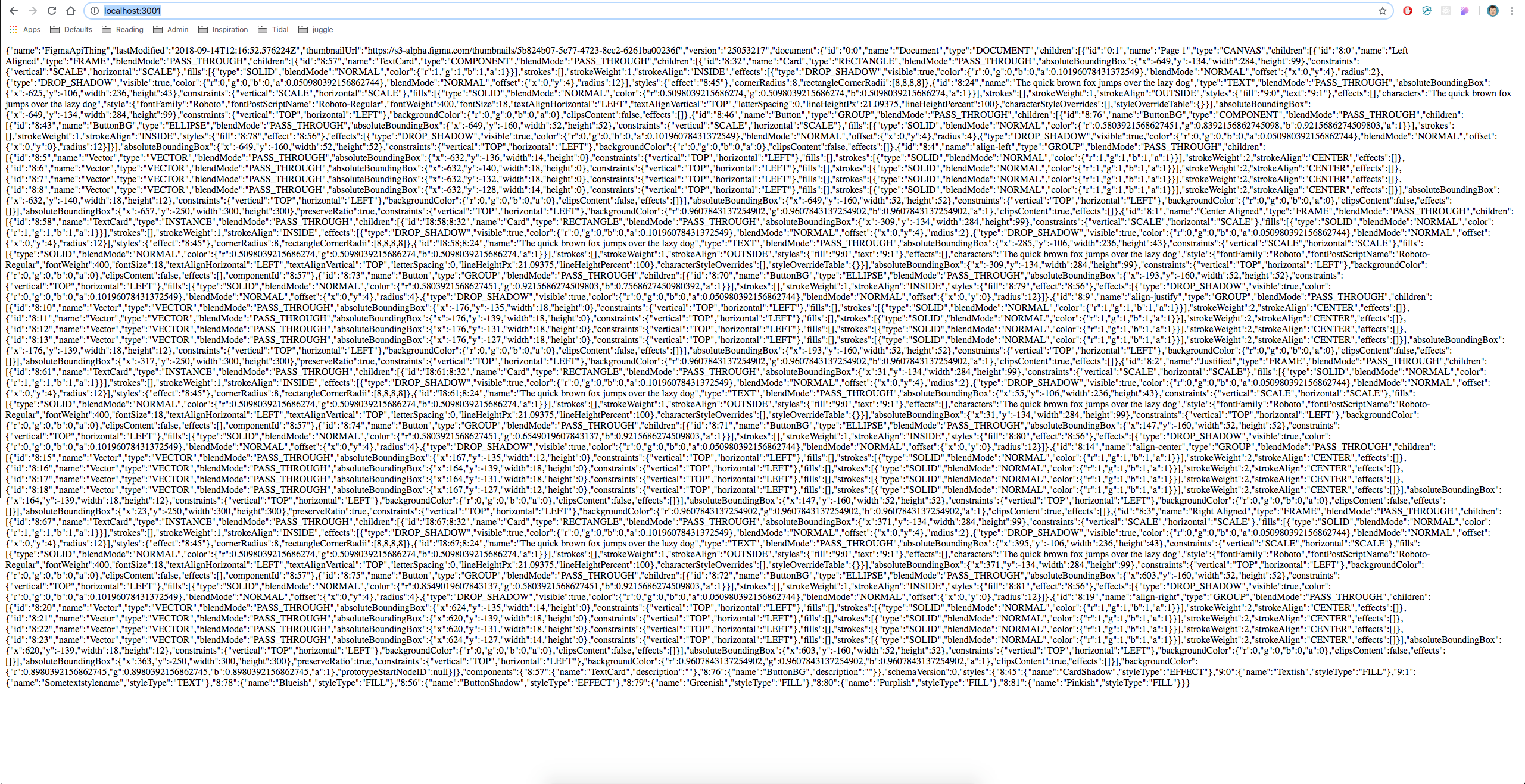 A screenshot of a browser window displaying unformatted JSON data.