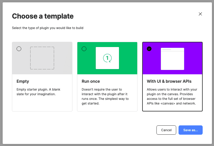 A screenshot of the default plugin starter templates in Figma