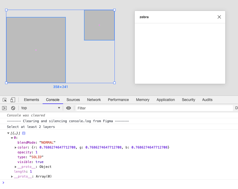 A screenshot of the Figma interface with the console up and the plugin window present. 